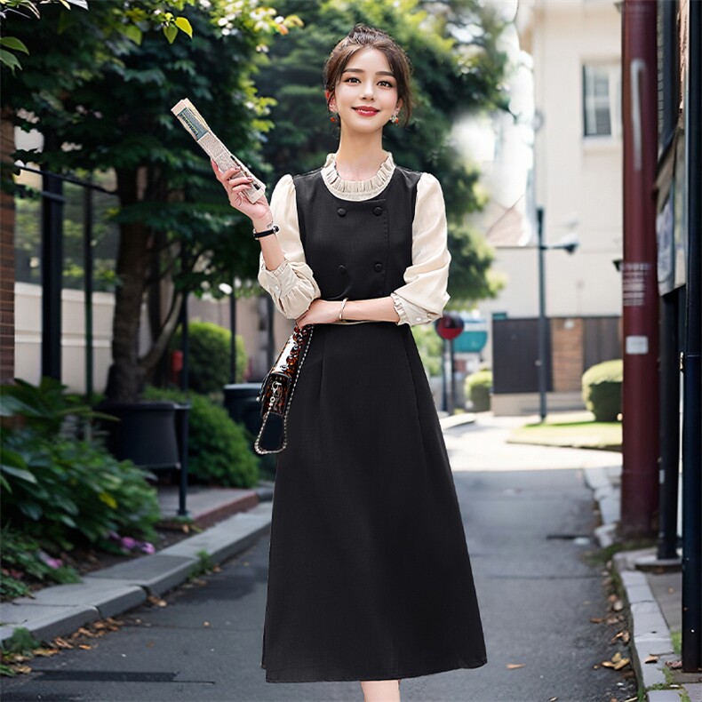 2024年春季新款时尚拼接假三件连衣裙修身显瘦木耳边领裙子,女装连衣裙,流量+