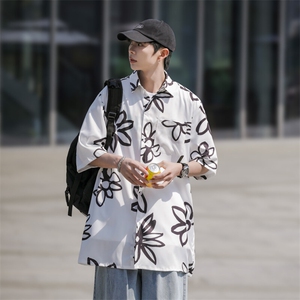 2025夏装花朵印花短袖冰丝衬衫男潮流休闲衬衣 C309P35图片
