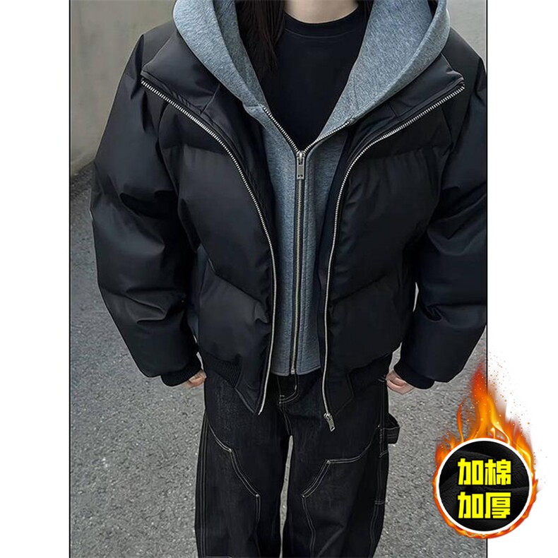 现货高品质重磅工艺美式高街假两件PU皮棉衣男女加厚棉服外套,男装棉衣,电商A443
