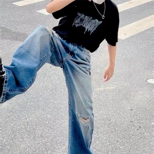 2025季新款欧货设计感复古蓝水洗宽松显瘦阔腿直筒牛仔裤男女图片