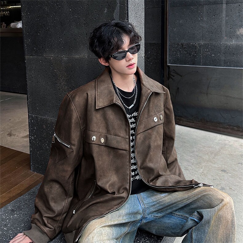 秋冬加棉加厚美式拉链设计感高街新款潮流皮衣常规P138加棉P158，男装皮衣，电商B319