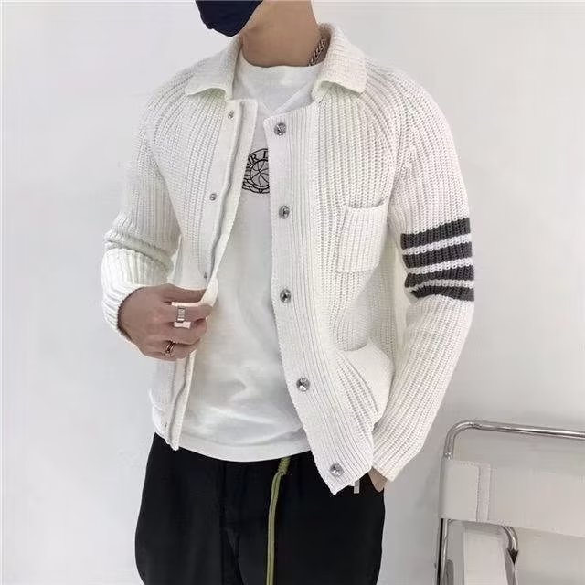 欧美高端针织夹克男女情侣秋季条纹休闲拼接帅气翻领毛衣外套男,男装针织衫/毛衣,星座506A