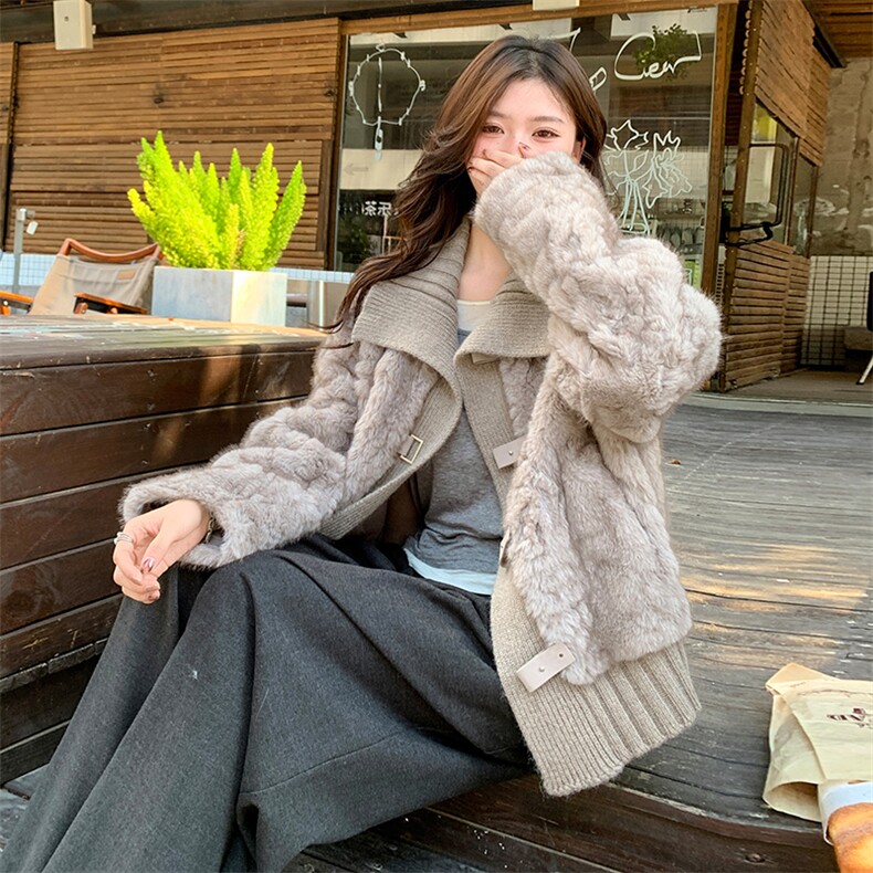 针织拼接羊羔毛短外套女2025冬季新款今年流行设计感时尚皮毛一体,女装羊羔毛/颗粒绒,2C217