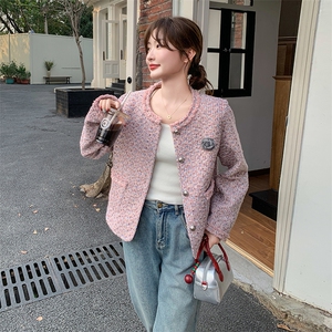 独特超好看粉紫色小香风外套女2025春秋新款高级感粗花呢夹克上衣图片