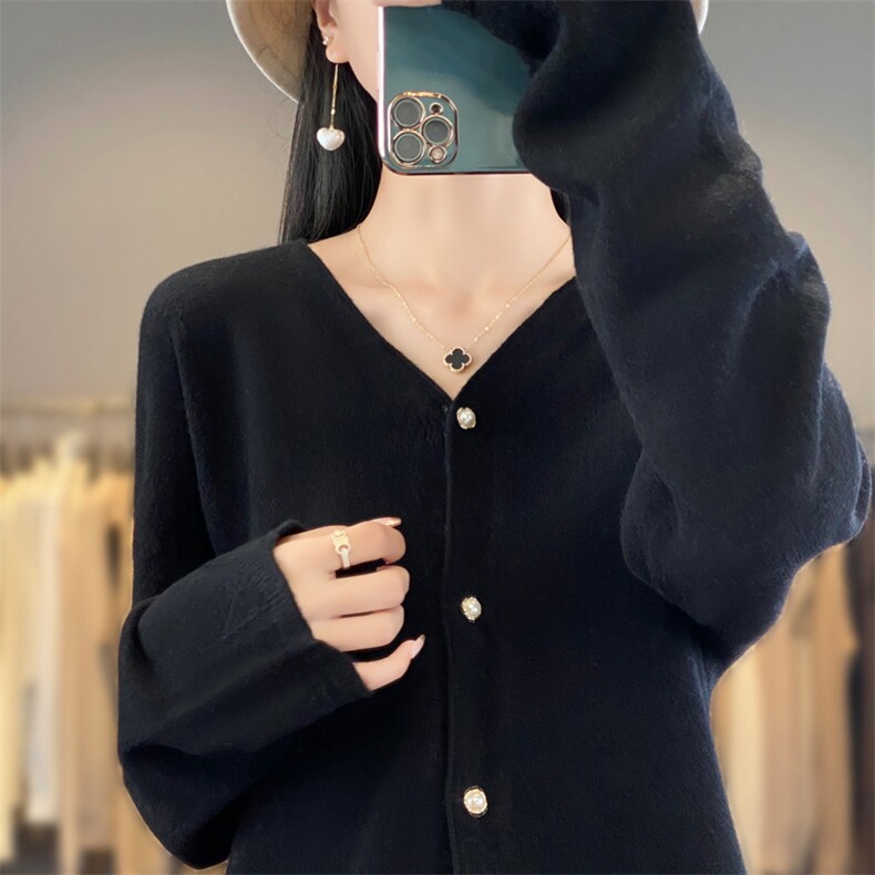 100羊毛衫针织开衫女外套衫毛衣V领长袖上衣新款春季打底衫，女装羊毛衫，鲁菏羊绒