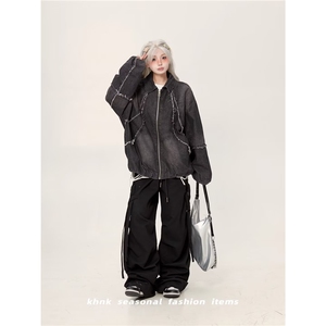 ins新款做旧扎染重工毛边牛仔外套慵懒百搭潮流夹克男LF4003-P77图片