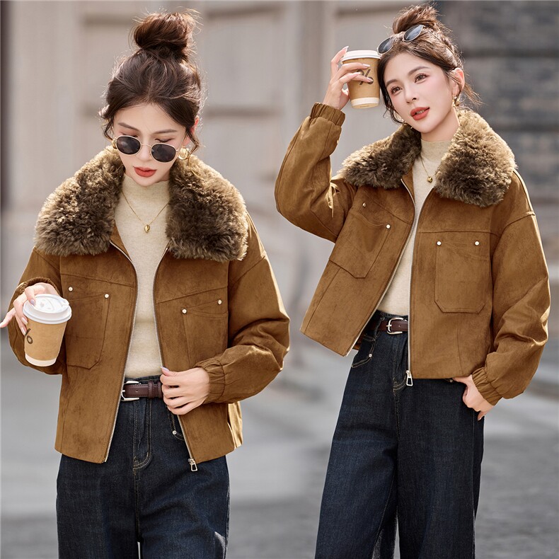 复古咖色麂皮绒加绒外套女2025秋冬小个子超好看加厚保暖棉服上衣图片