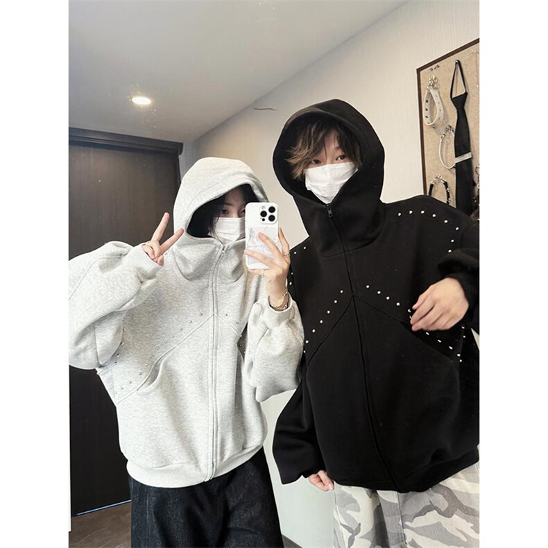 抖音得物高品质二开26春装美式高街铆钉拼接纯色开衫卫衣外套W122图片