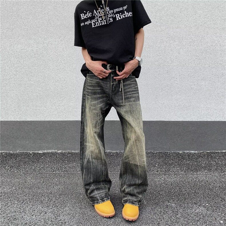 水洗黑色泥染做旧闪电阔腿直筒牛仔裤男女复古高街宽松裤子图片