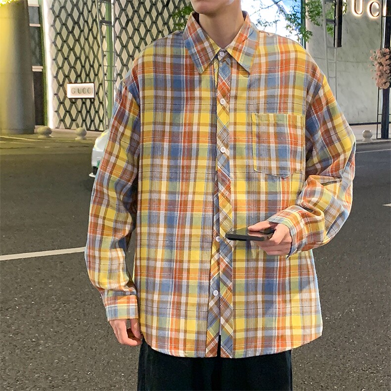 秋季港风格子衬衫宽松外套男女衬衣百搭格子外套CS2428P35,男装衬衫,电商A128
