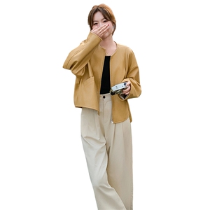 春秋新款女装时尚气质百搭显瘦短款外套女长袖圆领PU皮夹克上衣图片