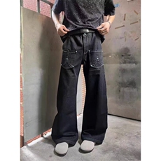 彩石钉珠13.8蛊司廓形原牛牛仔裤A字直筒阔腿裤子，男装牛仔裤，四季星座505