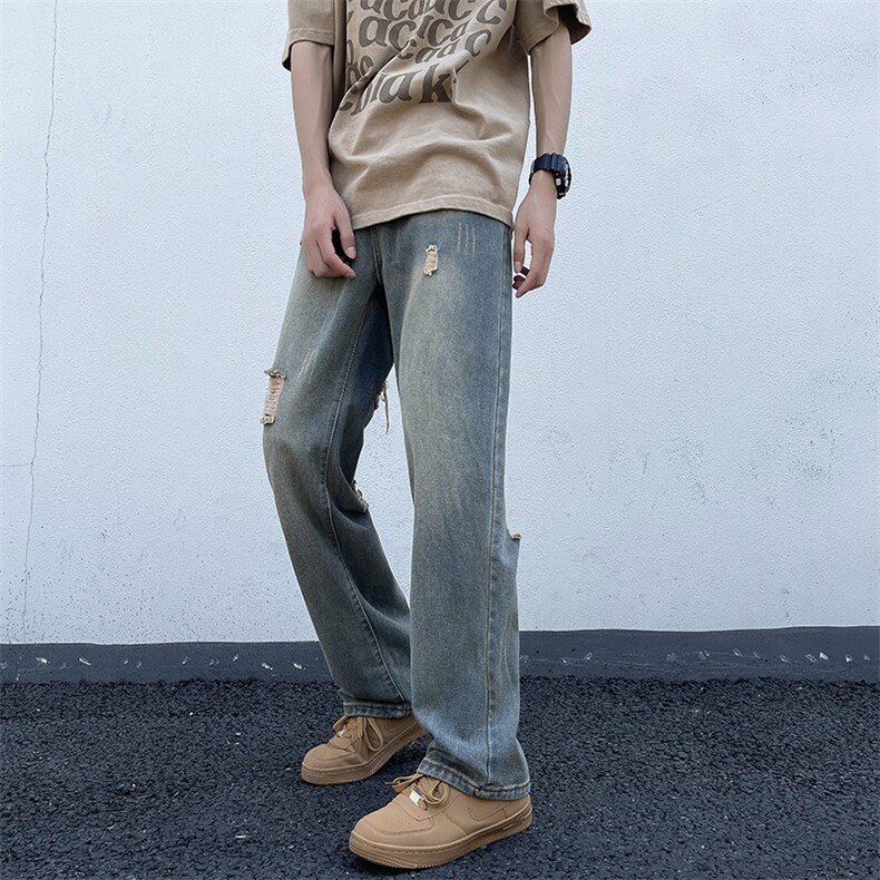 破洞牛仔裤男夏季痞帅高街美式复古潮牌水洗做旧直筒裤N07215-P45，男装牛仔裤，星座308B-2