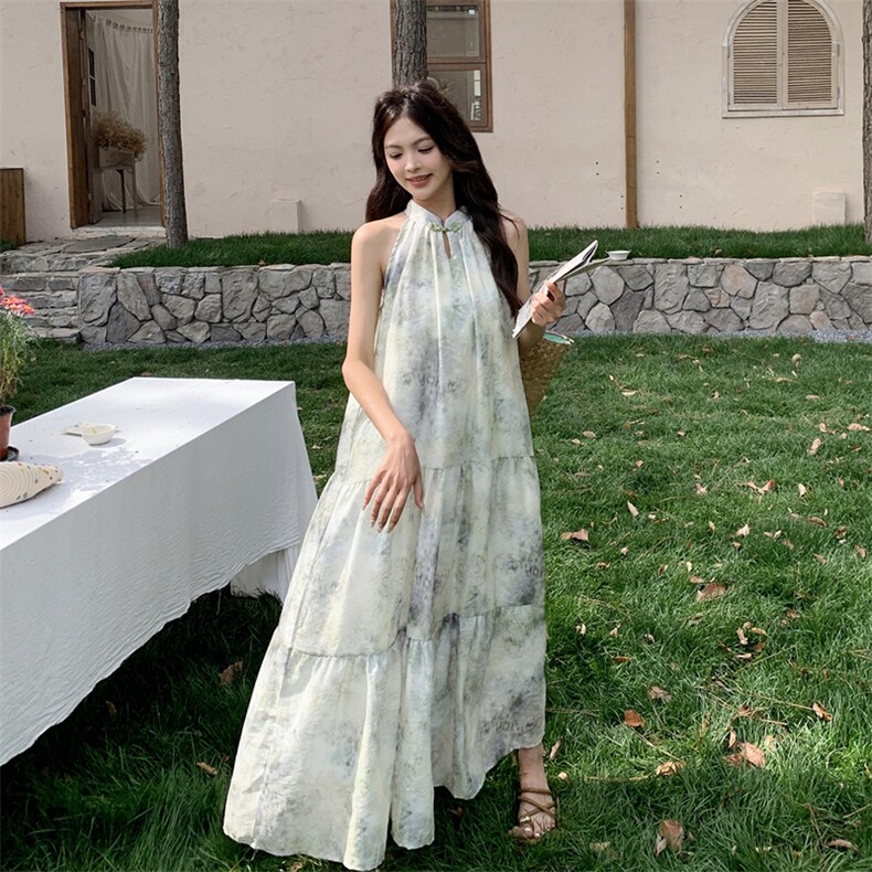 晕染水墨画盘扣国风无袖挂脖连衣裙女夏背心裙度假风少女感气质,女装连衣裙,2C278