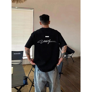 网图美式高街草书字母短袖t恤重磅纯棉小领口上衣 A025-T7672-P25，男装T恤，电商A025