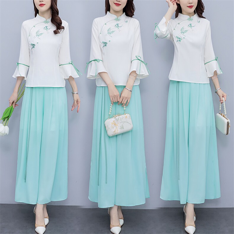 芷墨新款时尚复古俩件套套装中式盘扣上衣裤子套装改良日常汉服女，女装套装/套裙，芷墨服饰