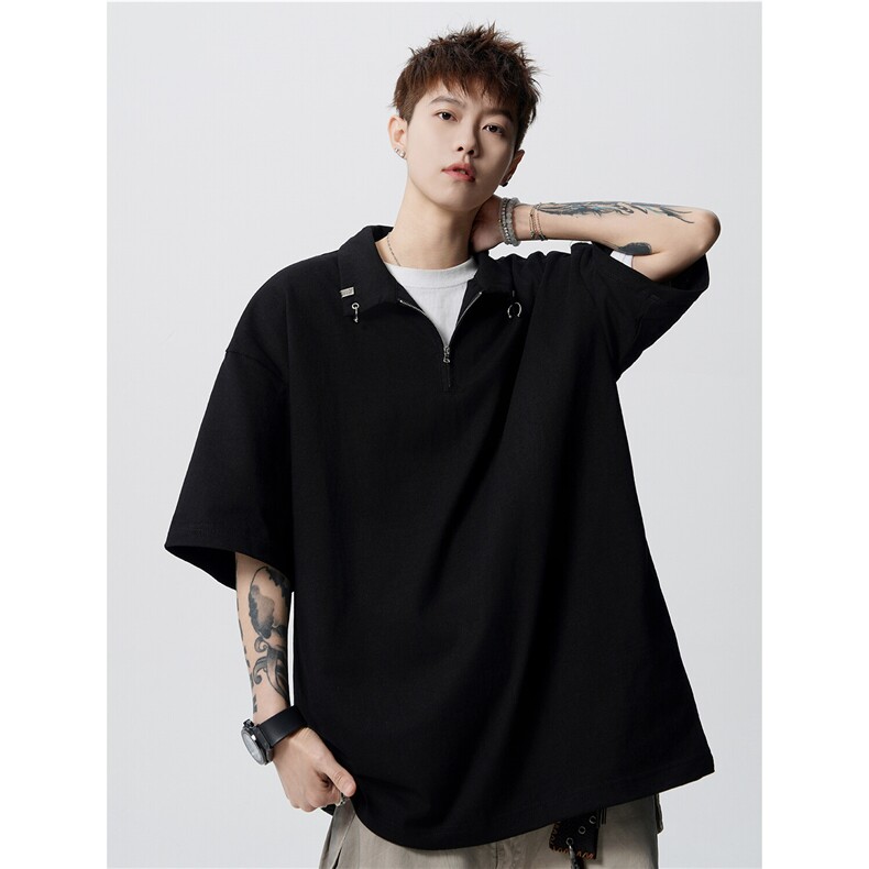 美式半拉链金属扣POLO衫男夏季高街翻领潮牌短袖情侣上衣D417 P48图片