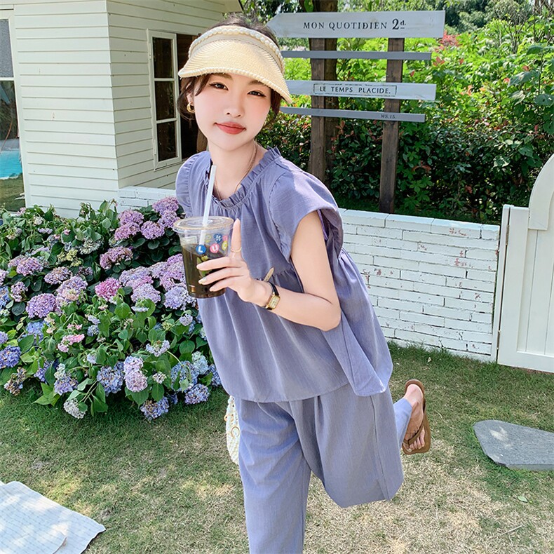 现货!套装女夏气质飞飞袖上衣阔腿长裤两件套5076P125K178,女装套装/套裙,2C166