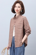格子衬衫女2025新款春秋中老年时尚洋气短款纯棉衬衣，女装衬衫，忆绮罗
