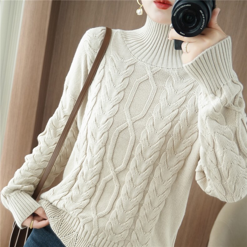 2025年秋季新款百搭女士大麻花高领长袖针织衫，女装针织衫/毛衣，品高羊绒