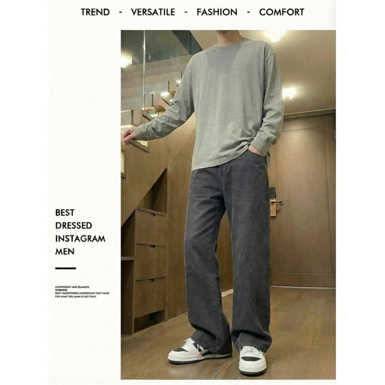 美式微喇牛仔裤男款2025新款烟灰色直筒美式高街加绒弯刀裤子男生图片
