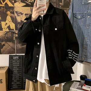 2021秋季新海报墙港风大码男破洞字母刺绣牛仔夹克外套NJ8023-P70图片