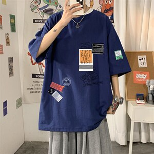 YT26121-P30 亚短袖t恤男大码五分袖男宽松七分袖 海报风图片