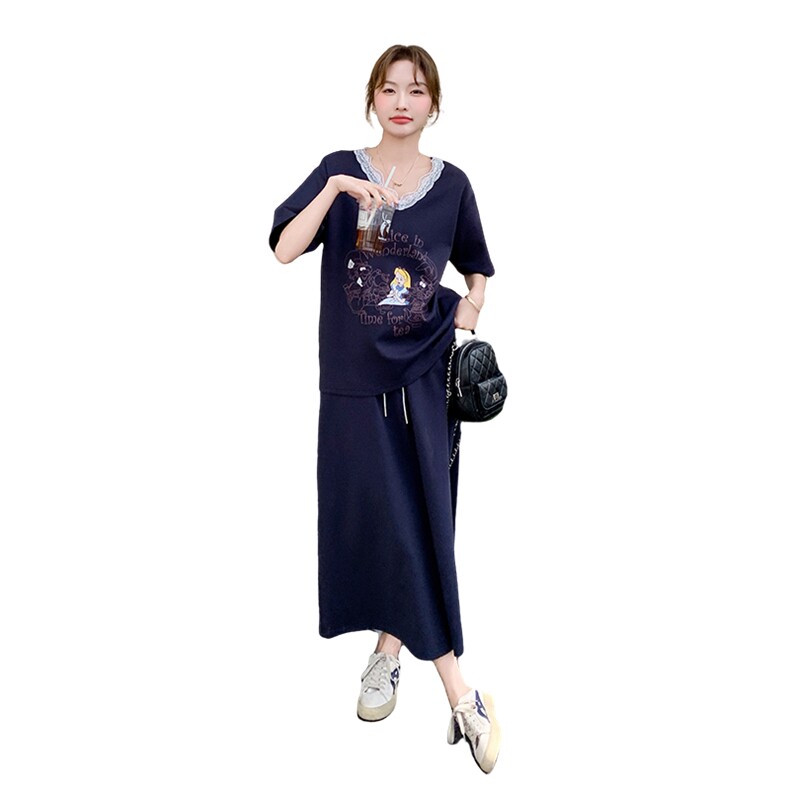藏青色卡通印花减龄套装裙女2025夏新款学院风v领T恤半身裙两件套,女装套装/套裙,2C236