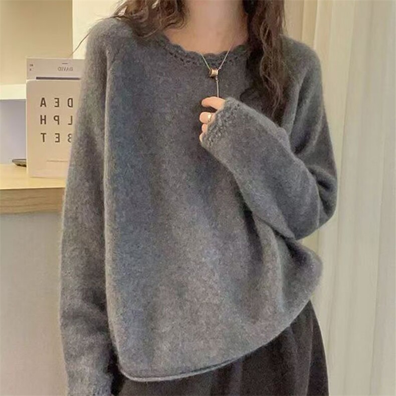 2026年秋季时尚百搭通勤简约休闲卷边花边领，女装针织衫/毛衣，萱芳婷羊绒