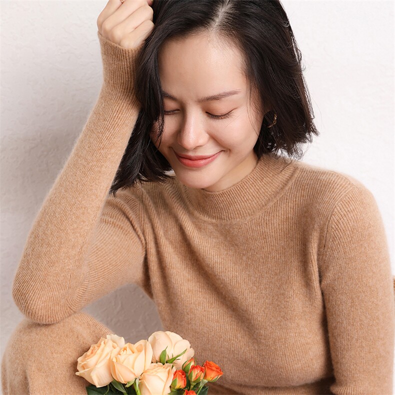 秋冬新款半高领山羊绒衫女打底衫简约套头毛衣,女装羊绒衫,五色羊羊绒