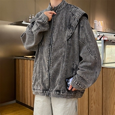 潮男日系复古做旧牛仔夹克男宽松休闲百搭情侣外套JK02226-P73，男装工装外套，星座308B-2
