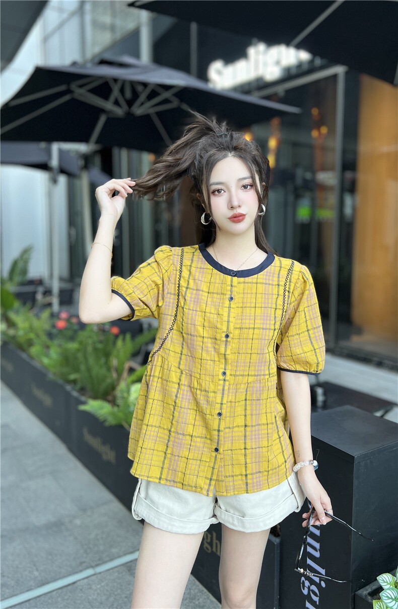 现货2025夏季新款时尚简约洋气格子领撞色短袖衬衫,女装衬衫,深水步