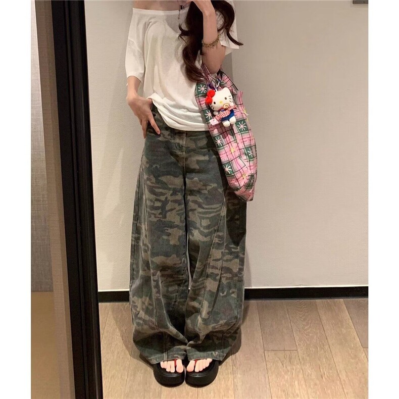 美式迷彩阔腿牛仔裤女秋新款街头辣妹宽松拖地弯刀长裤K6538-P50,男装牛仔裤,星座412-3