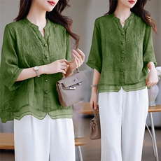 文艺复古苎麻刺绣五分袖衬衫女2025夏季新款宽松洋气减龄小衫上衣，女装衬衫，余墨