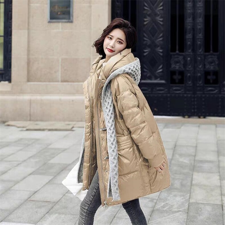 2021早冬上新拼羊毛针织帽围巾两件套设计长款90白鸭绒羽绒，女装，红雀纺