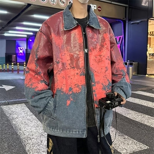 美式hiphop嘻哈风血染色牛仔夹克重工水洗做旧设计感翻领工装外套图片