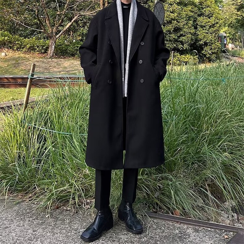 黑色毛呢大衣男中长款风衣高级感赫本风秋冬季德式戗驳领呢子外套,男装毛呢大衣,星座218-1（原230）