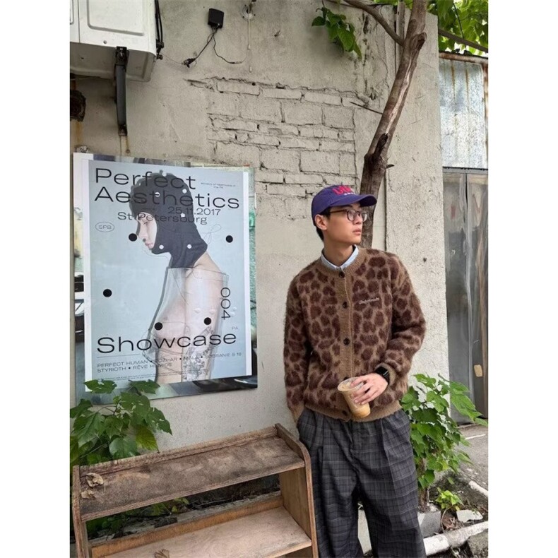 美式复古豹纹提花马海毛开衫毛衣男女秋冬宽松百搭慵懒针织衫外套,男装针织衫/毛衣,星座506A
