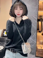 灰色连帽长袖t恤女春季2025新款高腰短款打底衫修身内搭正肩上衣，女装针织衫/毛衣，亿东羊绒