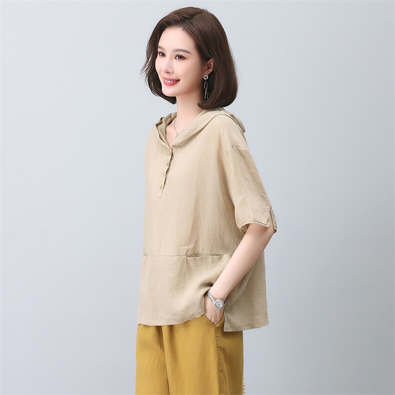 2023夏季纯苎麻刺绣简约气质宽松时尚休闲显瘦舒适连帽上衣,女装衬衫,独衣靓