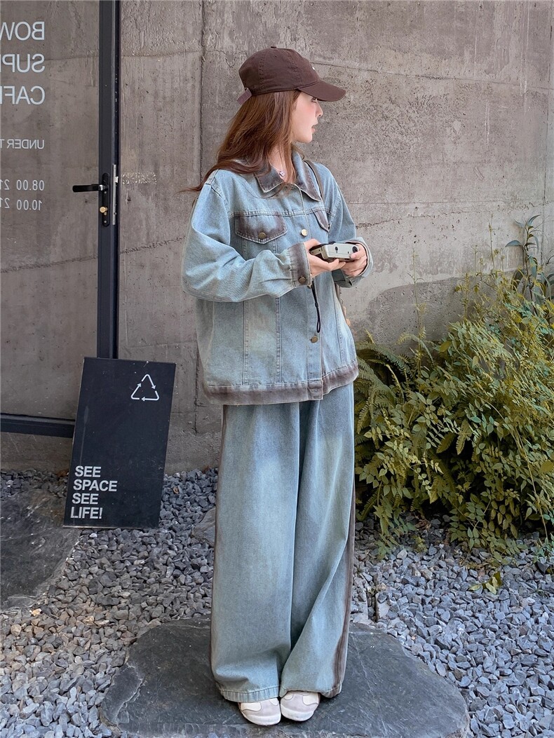 2025流行穿搭一整套休闲套装渐变牛仔外阔腿裤两件套女秋,女装套装/套裙,2C283
