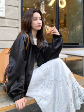 高级小众美式慵懒chic黑色皮衣短外套女春秋超火好看酷飒夹克上衣，女装皮衣，2D034