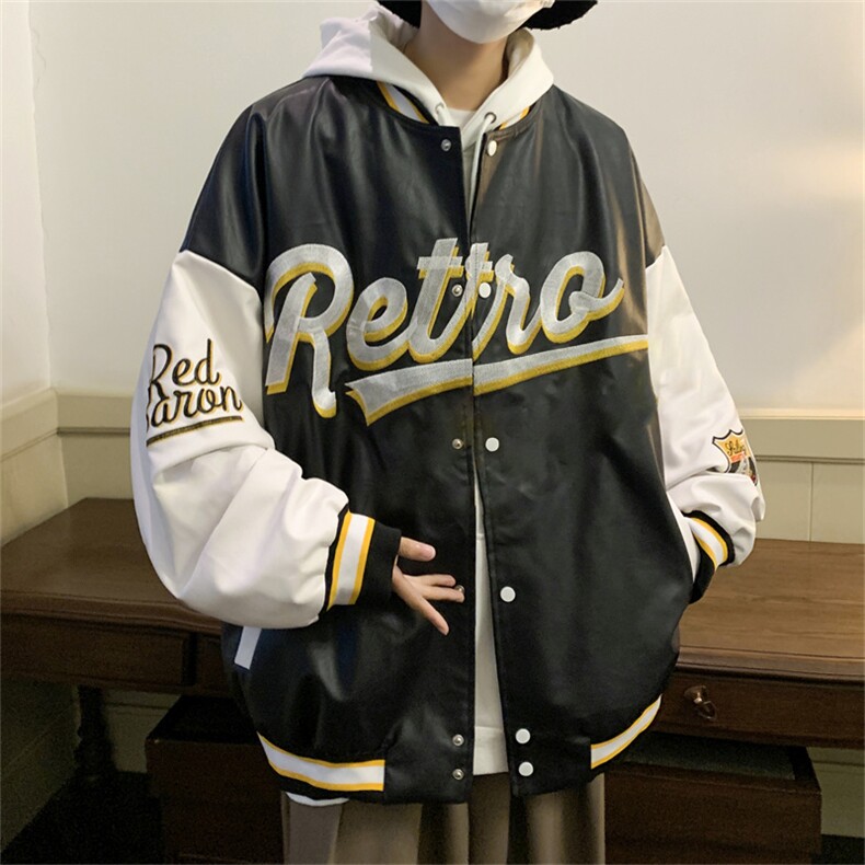 特批60春秋款pu皮拼色男士棒球领刺绣外套机动皮夹克潮PJ222，男装夹克，电商B370