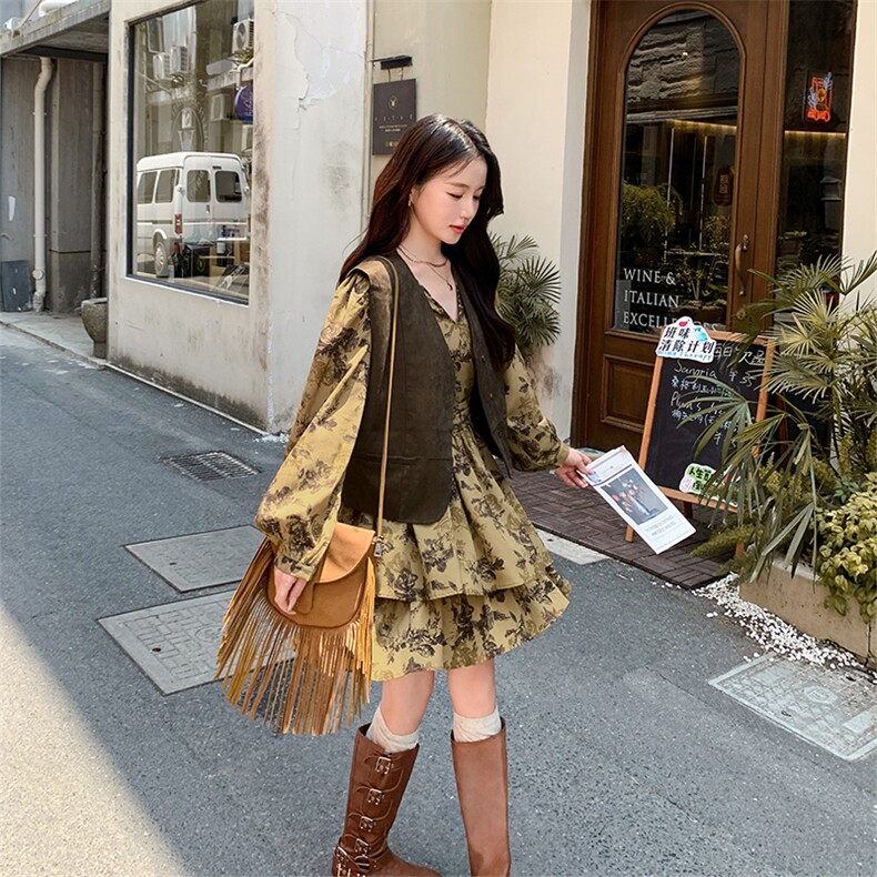 现货早秋新款甜辣港风麂皮绒马甲套装裙两件套2957P165K248,女装连衣裙,2C029