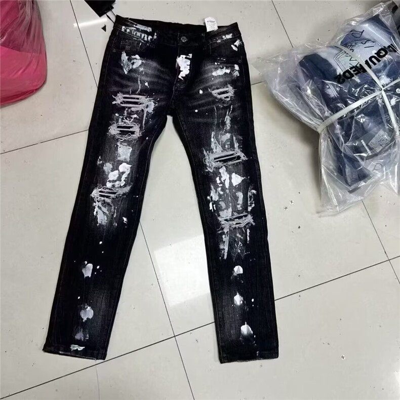 美式高街假破洞修身男女轻奢穿搭泼墨牛仔裤NH131P51,男装牛仔裤,星座1112-1