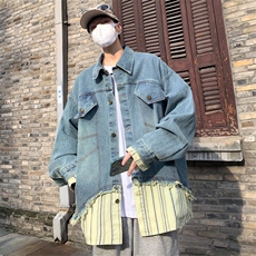 设计感条纹衬衫拼接假两件牛仔夹克男春美式休闲外套潮W6528-P60，男装夹克，星座412-3