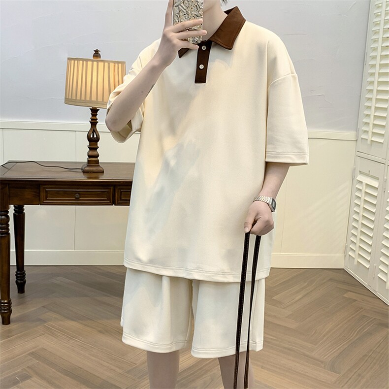 夏上新学生潮牌翻领T恤套装运动休闲短裤T恤男女7608-P70控价98,男装T恤,电商A441-1
