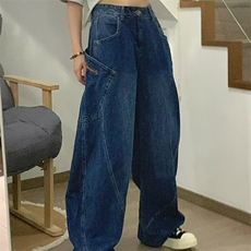 秋季设计感大口袋弯刀牛仔裤女辣妹拖地阔腿裤男网图NZK8157-P58，男装牛仔裤，星座302B-2