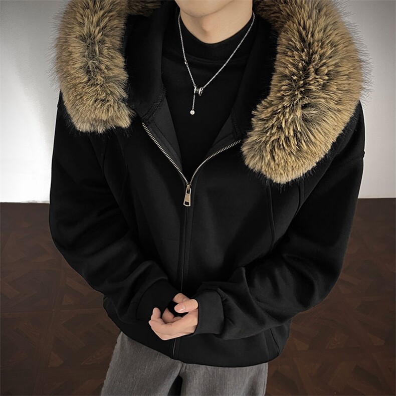 美式百搭开衫连帽可拆卸毛领卫衣秋冬男女情侣外套YY2519-P85,女装短外套,电商C216
