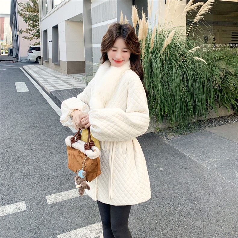 现货90绒！配真狐狸毛围脖菱形格丝绒羽绒服R2C086-2617p298K468,女装羽绒服,2C086